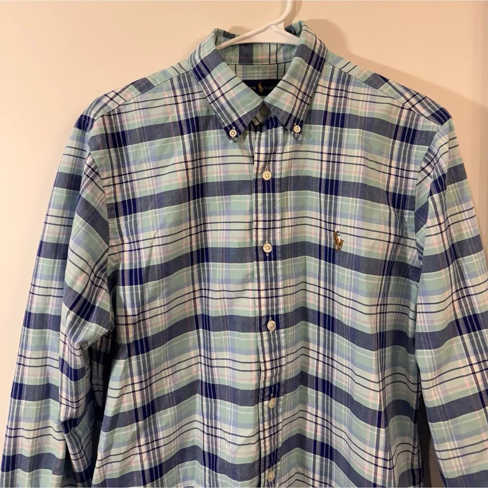 Ralph Lauren Men's Medium Teal Blue Plaid Tartan Button Up